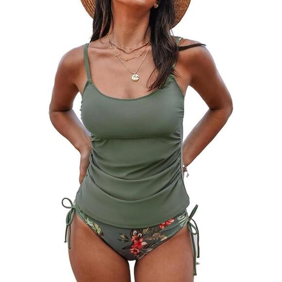 NWT Cupshe Scoop Neck Ruched Adjustable Straps Tankini Set - Size Large - Picture 1 of 4
